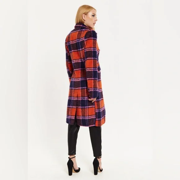 Nasty Gal Premium Plaid Double-Breasted Wool Look Coat Orange & Purple Size 16 - Picture 16 of 17